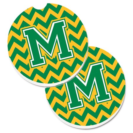 Carolines Treasures Letter M Chevron Green and Gold Set of 2 Cup Holder Car Coaster CJ1059-MCARC